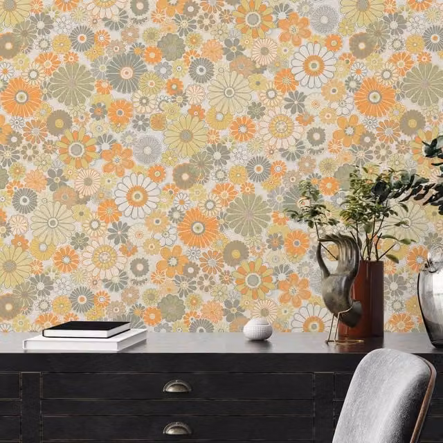 A.S. Création Retro Floral Botanical Wallpaper in Orange and Green