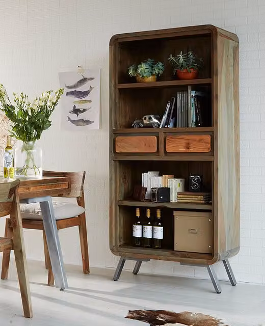Aspect Large Brown Wood and Metal Retro Bookcase with Back Panel