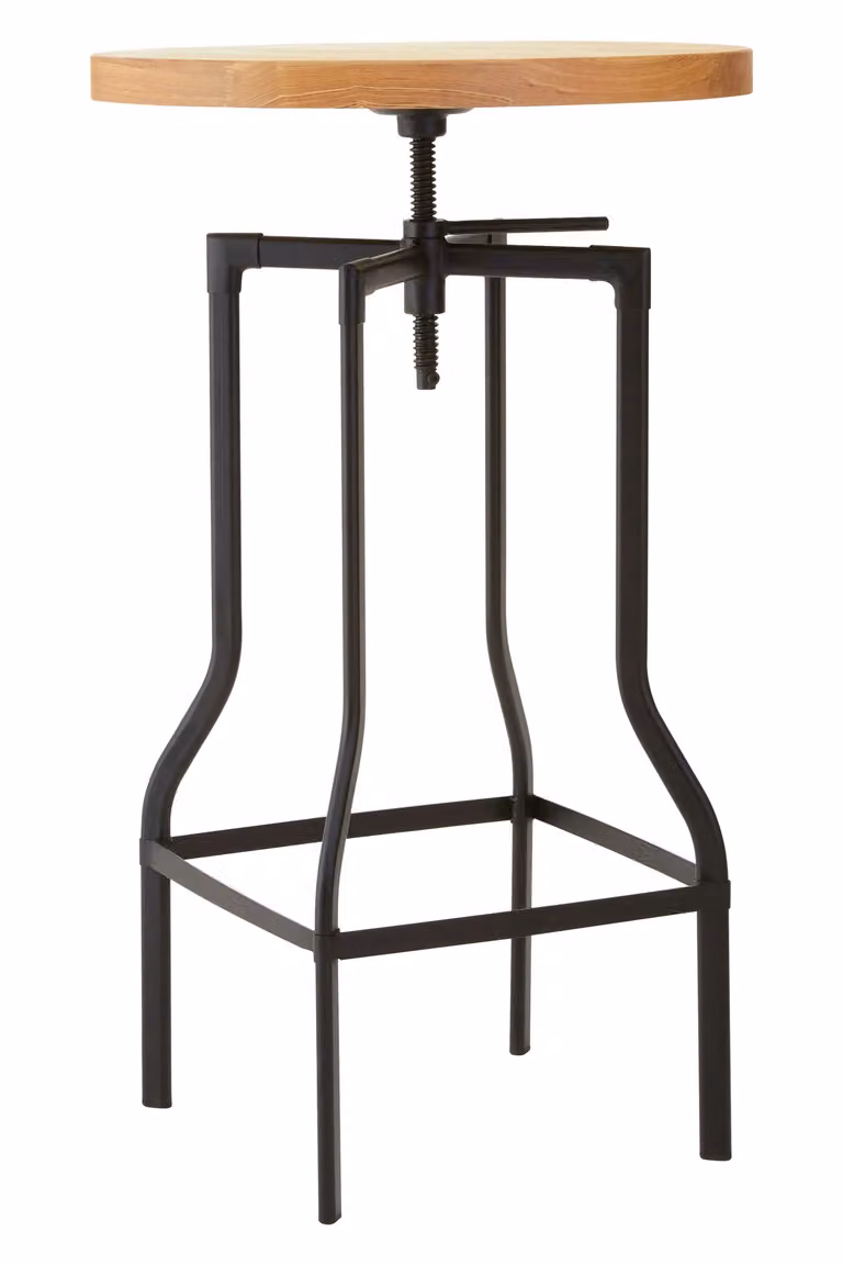 Orsina Industrial Design Ash Veneer Round Bar Table in Natural Wood and Black Metal, H 105 x W 60 x D 60 cm
