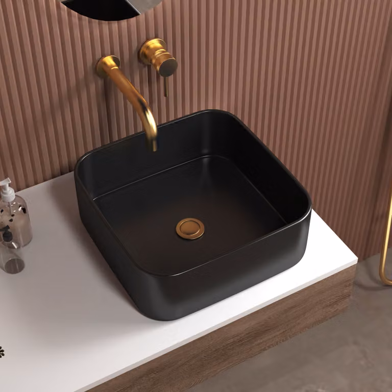 Nuie Art Square Ceramic Countertop Basin Vessel in Black, W: 37 cm, 1 Tap Hole