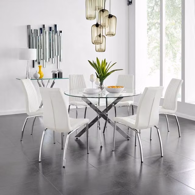 FurnitureboxUK Novara Round Glass Dining Table with 6 White Isco Chairs Set, Chrome Metal X-Frame