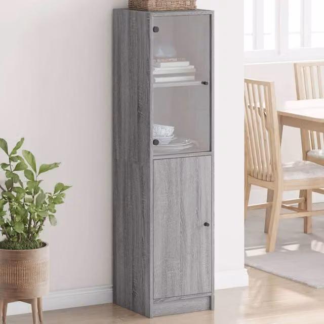 Berkfield Home Highboard with Glass Doors in Grey Sonoma, W/D/H: 35 x 37 x 142 cm