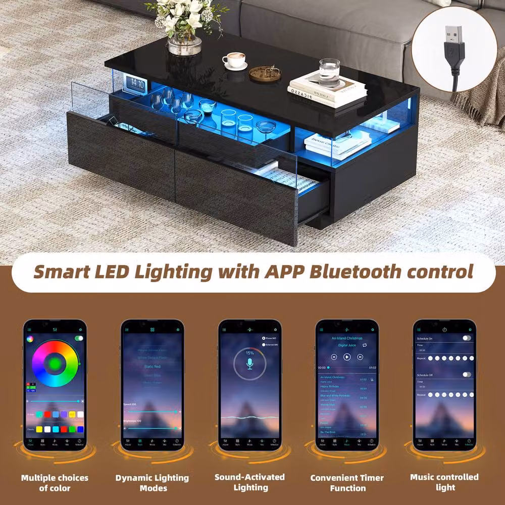ModernLuxe High Gloss LED Coffee Table with Glass Top and Drawers in Black – 5