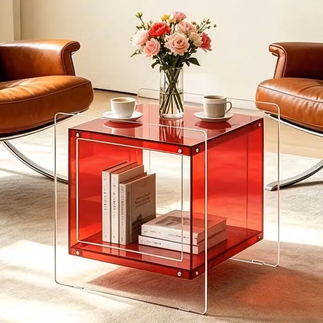 VOGREX 2-Tier Transparent Red Acrylic Side Table – 1