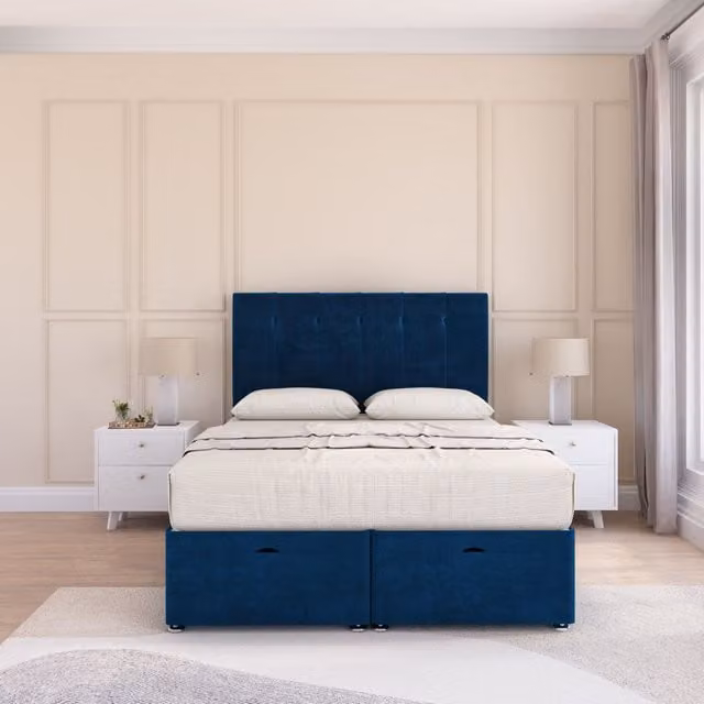 Sloomy Highbury Double Ottoman Bed with Lift Up Base, Sprung Memory Hybrid Mattress and Floorstanding Headboard in Blue