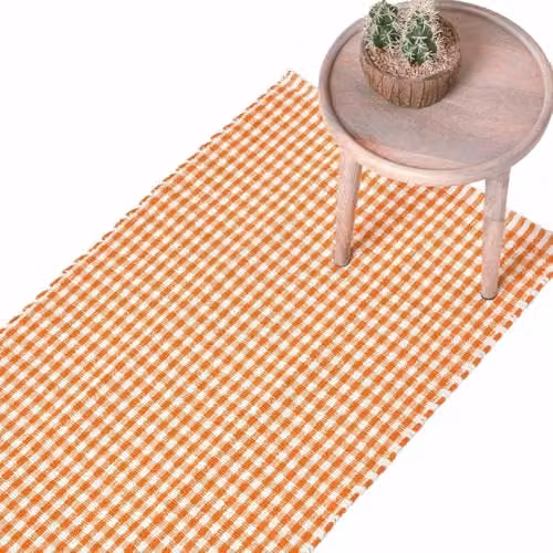 Homescapes Handwoven Cotton Gingham Check Hall Runner in Orange and White, W: 66 cm, L: 200 cm