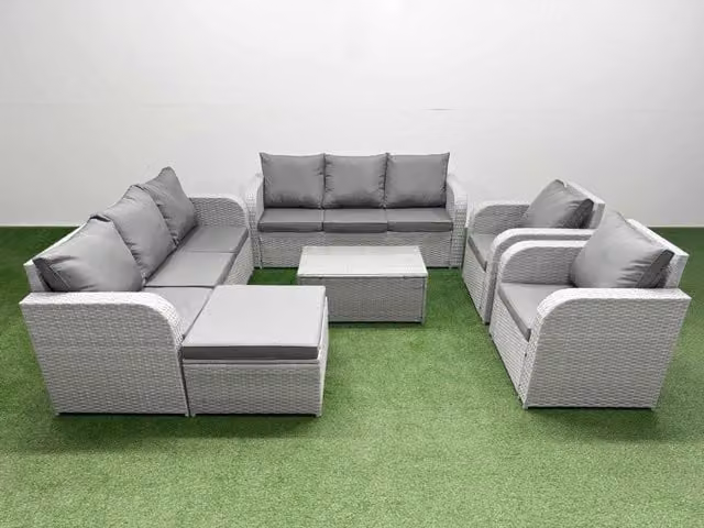 Fimous PE Rattan High Back Lounge Sofa Set in Light Grey with 3 Seater Sofa, Reclining Chair, Ottoman and Coffee Table