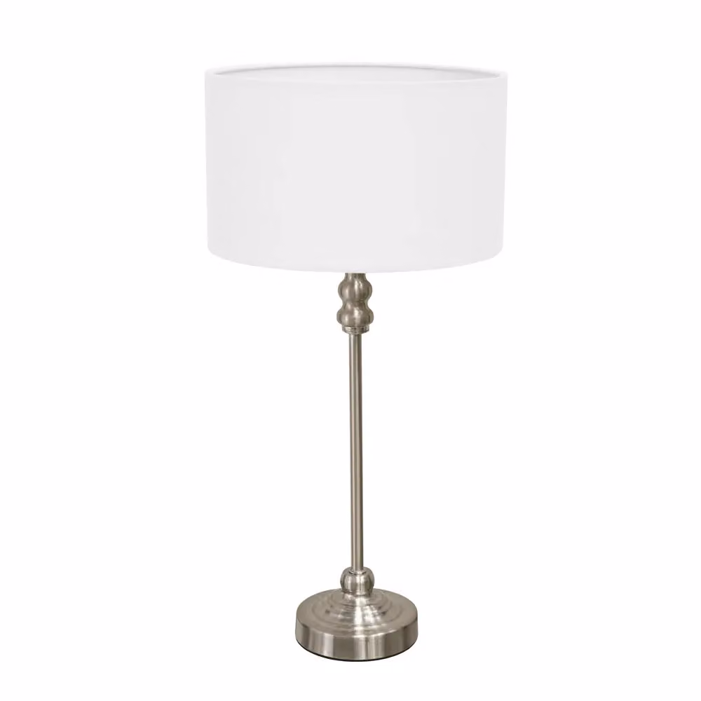 ValueLights Maggie Brushed Chrome Metal Candlestick Table Lamp with White Fabric Drum Shade and Warm White LED Bulb – 2