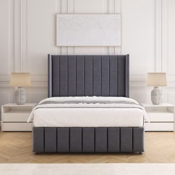 BSSPOKE Zoe Plush Velvet Divan Bed Set with 54 inch Headboard and Mattress in Charcoal Grey, Small Double, W/D/H: 120 x 200 cm