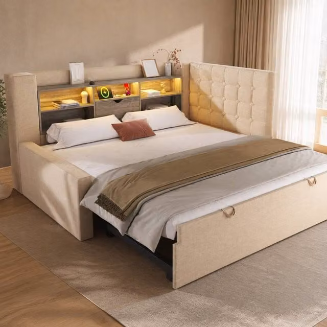 STILVORA Beige Upholstered Single Day Bed with Storage, LED Lighting and USB Charging Ports, W/D/H: 90 x 190 cm – 1