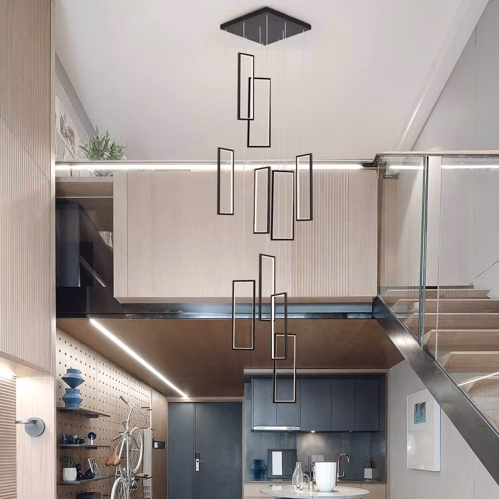 NIVOR Modern Black 10 LED Dimmable High Ceiling Staircase Chandelier and Height Adjustable Suspended Pendant Lamp – 4