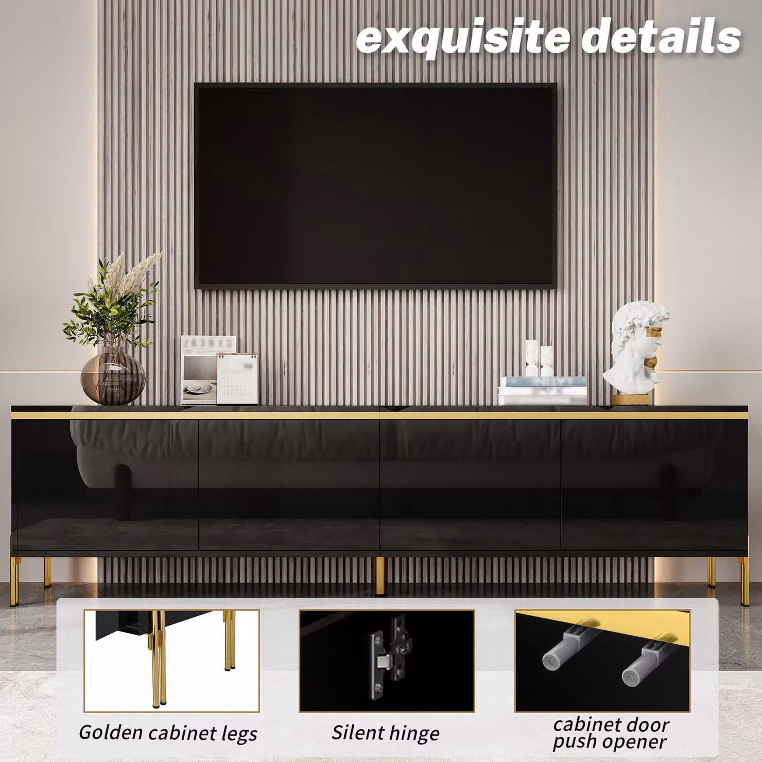 Aosom UK Black and Gold Minimalist TV Stand with 4-Door Storage, W: 170 cm, D: 38 cm, H: 50 cm – 5