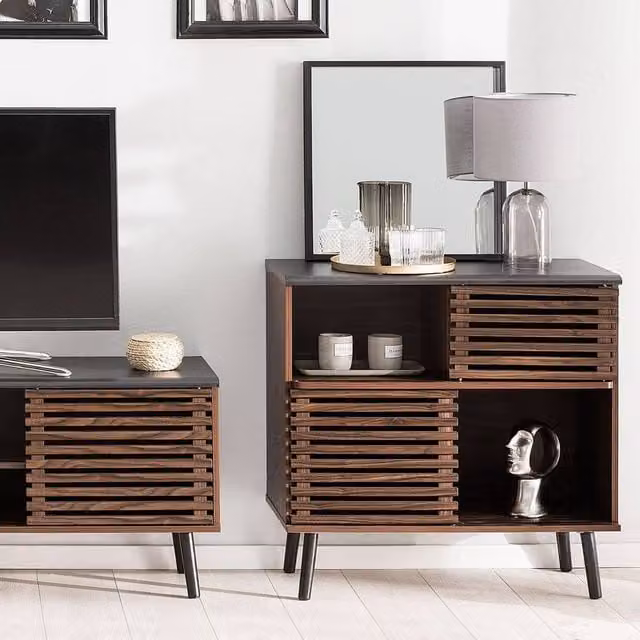 Wyld and Coco Everwood Sideboard in Dark Brown with Rustic Sliding Doors, W/D/H: 80 x 40 x 80 cm