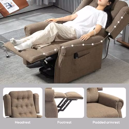 HOMCOM Power Lift Recliner Armchair in Brown Fabric with Integrated Lift Assist and Armrests – 6