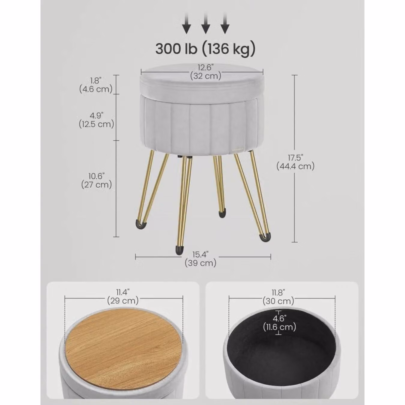 SONGMICS Round Velvet Storage Ottoman Dressing Stool in Grey with Metal Legs – 2