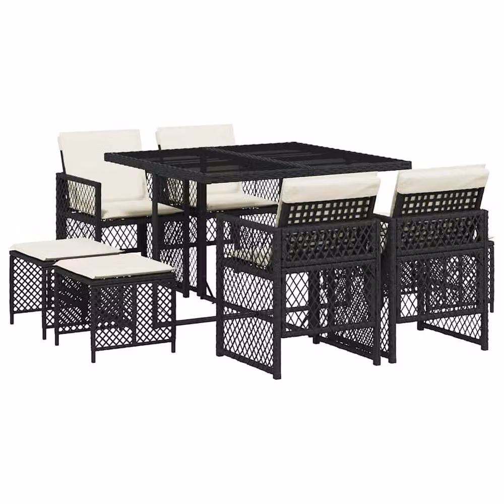 Berkfield Home 9 Piece Black Poly Rattan Garden Dining Set with Cushions and Glass Table – 2