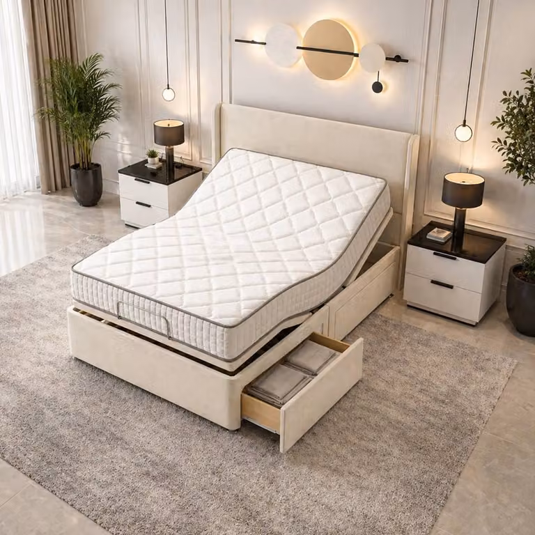 Paradise Beds Ltd Luxury Upholstered Electric Mobility Bed with Foam Mattress and Headboard in Blue, W/D/H: 140 x 200 cm