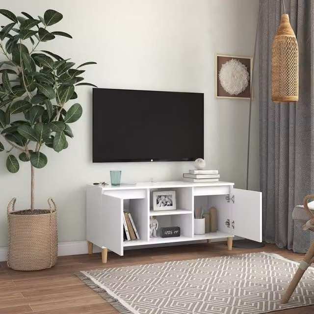 Berkfield Home White TV Cabinet with Solid Wood Legs, W: 103.5 cm, D: 35 cm, H: 50 cm