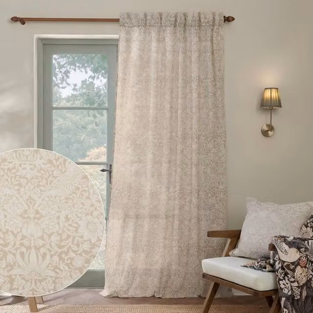 Morris & Co Strawberry Thief Sheer Floral Fabric Curtain Panel in Beige, Width: 140 cm