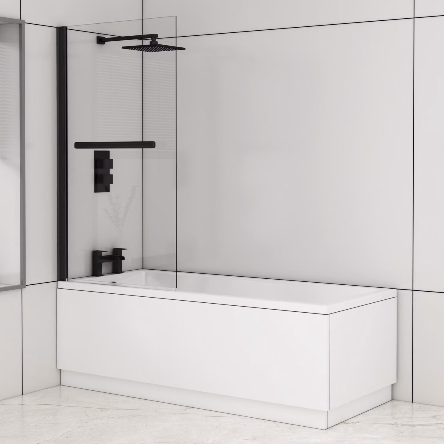 Royal Bathrooms Cesar Square Single Ended Acrylic Shower Bath in White with Black Wall Profile Screen and Rail, W/D/H: 150 x 70 x 44 cm