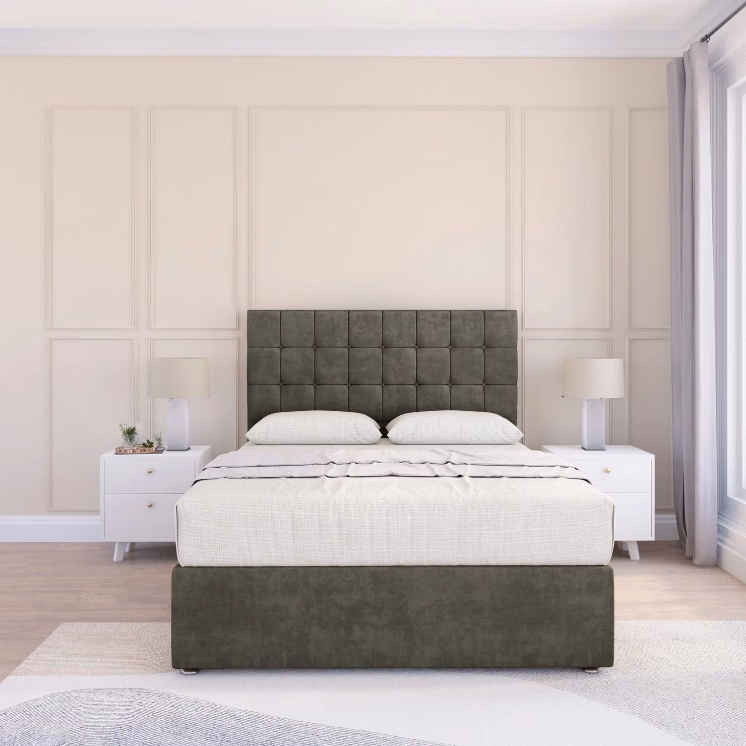 Sloomy Alabama Small Single Divan Bed Base with 26 inch Struts Headboard in Light Grey Fabric