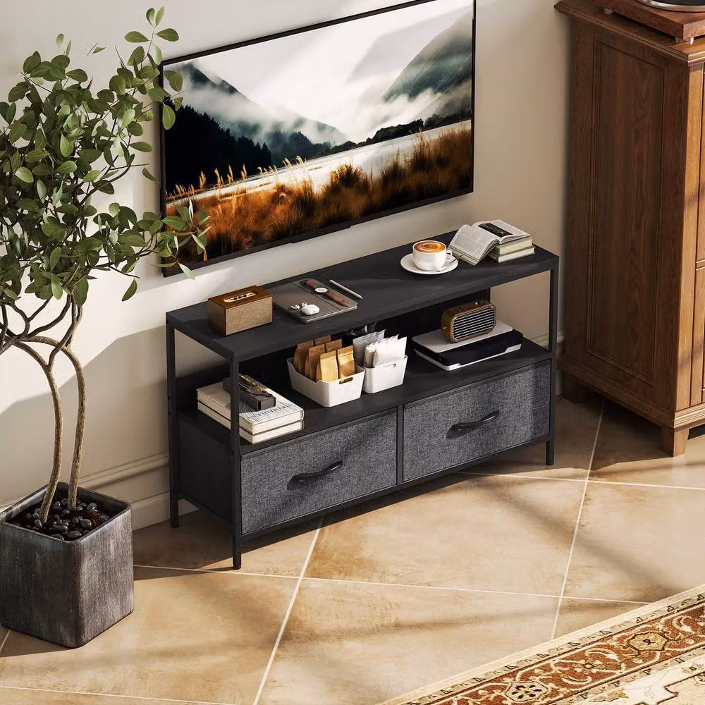 STILVORA Industrial Metal TV Stand in Matt Black with 2 Drawers and Shelf – 3