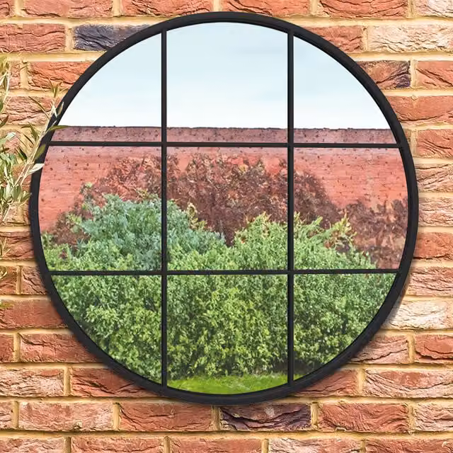 MirrorOutlet Circulus Modern Round Metal Frame Garden Wall Mirror, Black, Diameter: 80 cm
