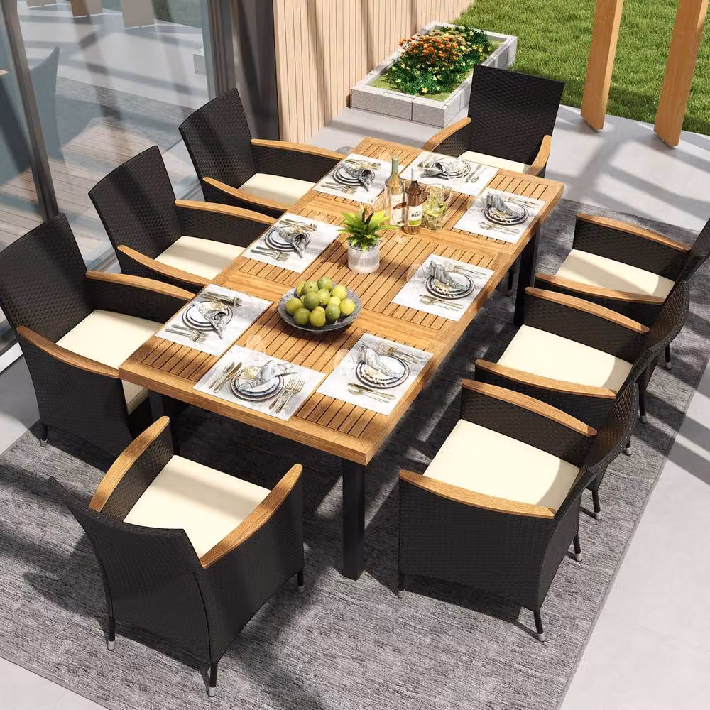 Costway Extendable Rectangular Patio Dining Table for 8 Adults with Natural Acacia Wood Tabletop – 8