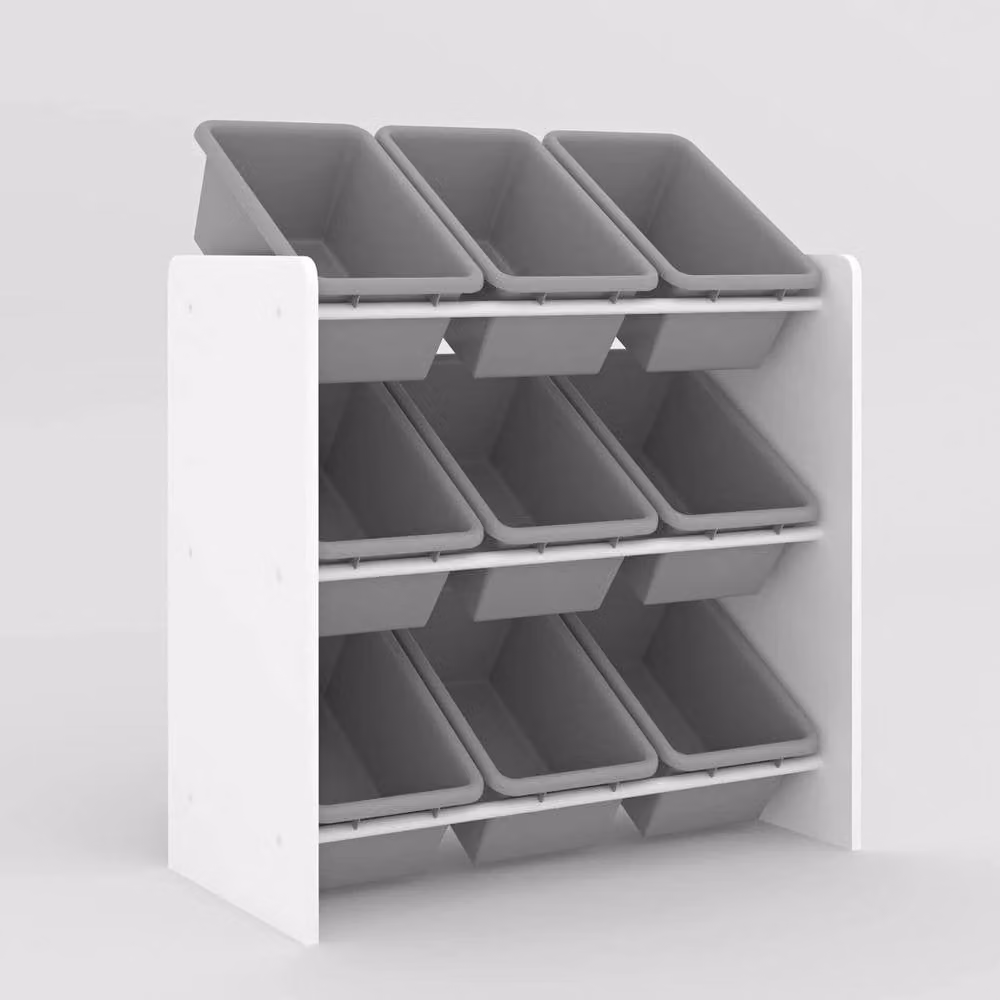KORVIXA Children's Toy Storage Unit with 9 Removable Plastic Bins, White and Multicolour, W: 100 cm, D: 100 cm, H: 9 cm – 1