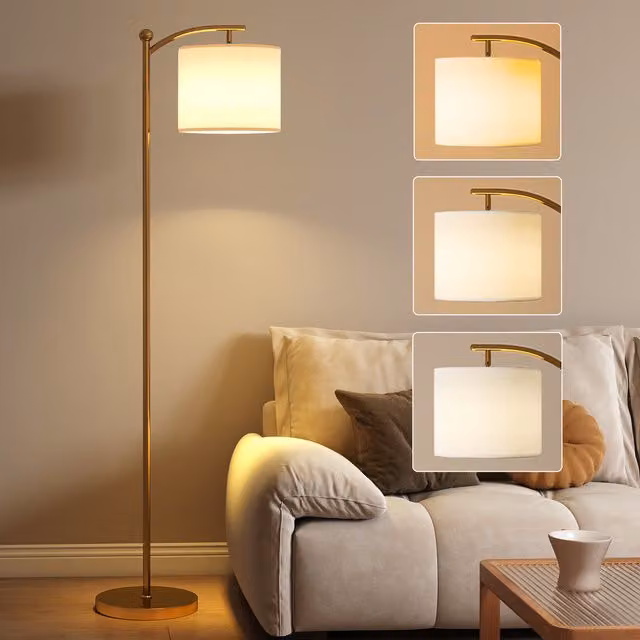 HOMCOM LED Floor Lamp with Remote Control, Dimmable and Timer Function, Gold/Brass Metal and Fabric Cylinder Design – 1