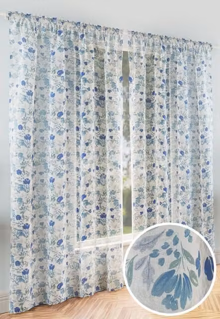 Tyrone Textiles Mia Blue Floral Print Voile Fabric Panels with Rod Pocket Header, Width: 140 cm, Drop: 137 cm