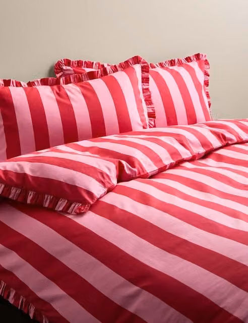 M&S Pink Mix Striped Ruffle Pure Cotton Bedding Set, 90 x 190 cm