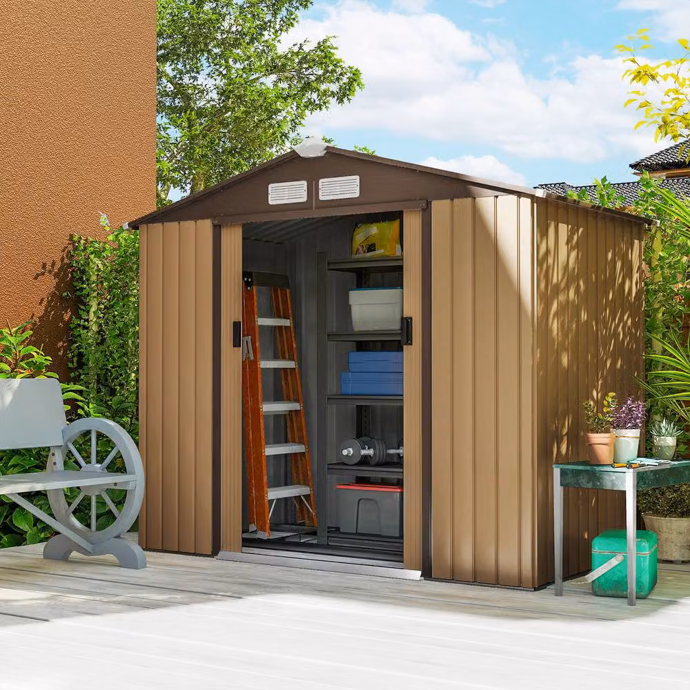 Rolipo Lockable Metal Garden Shed in Brown, W/D/H: 213.36 x 121.92 x 185 cm – 7