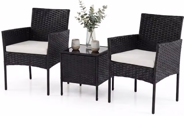 Costway 3-piece Modern Outdoor Conversation Set in Brown and Black Rattan with Glass and Metal