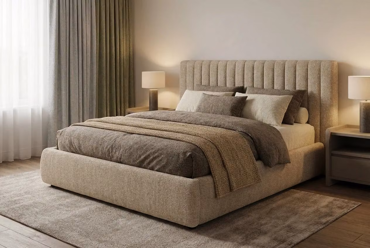 Araco Atelier Haven Wicker Bed in Beige Upholstered Fabric