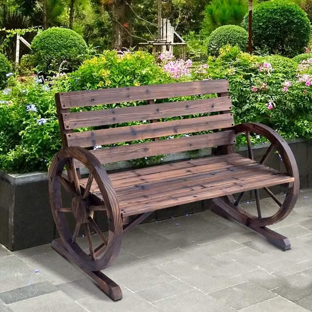 Outsunny Rustic Wooden 2 Seater Garden Bench with Wagon Wheels in Brown