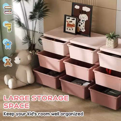 HOMCOM 3-Tier Pink Plastic Kids Toy Storage Unit with 9 Drawers – 3