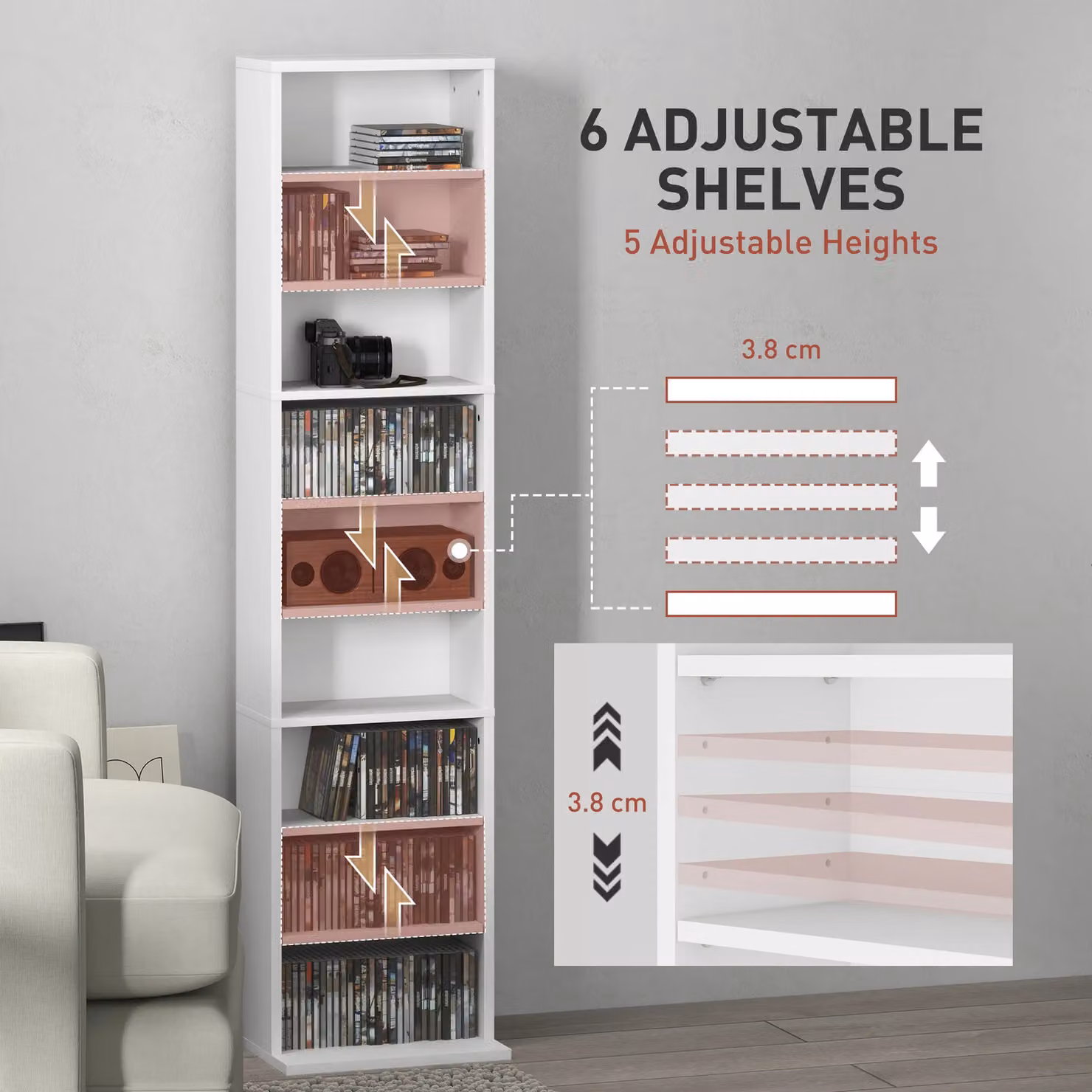 HOMCOM White Modern Media Storage Unit with Adjustable Shelves and 9 Compartments for CDs and DVDs – 5