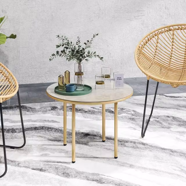 OUTSUNNY Round Small Garden Table with Faux Marble Glass Top in Beige – 1