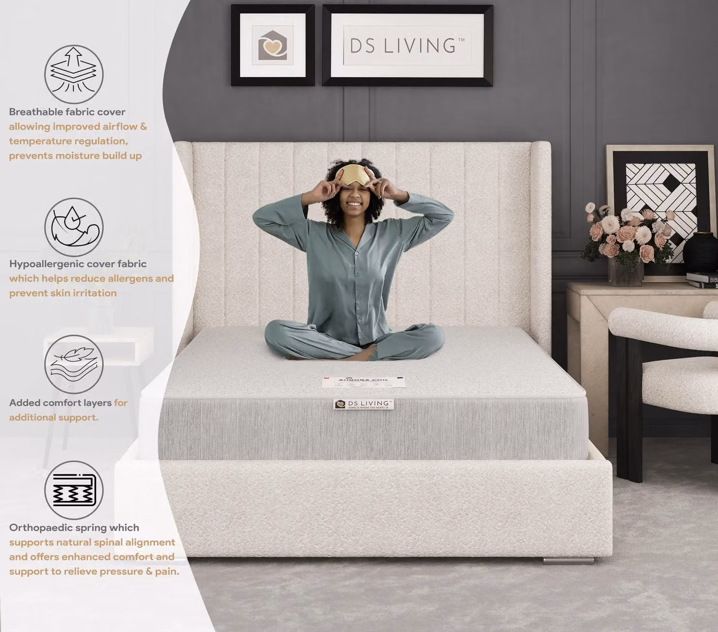 DS Living Aurora Ortho Support Bonell Spring Mattress, Grey, W: 140 cm, D: 200 cm – 5