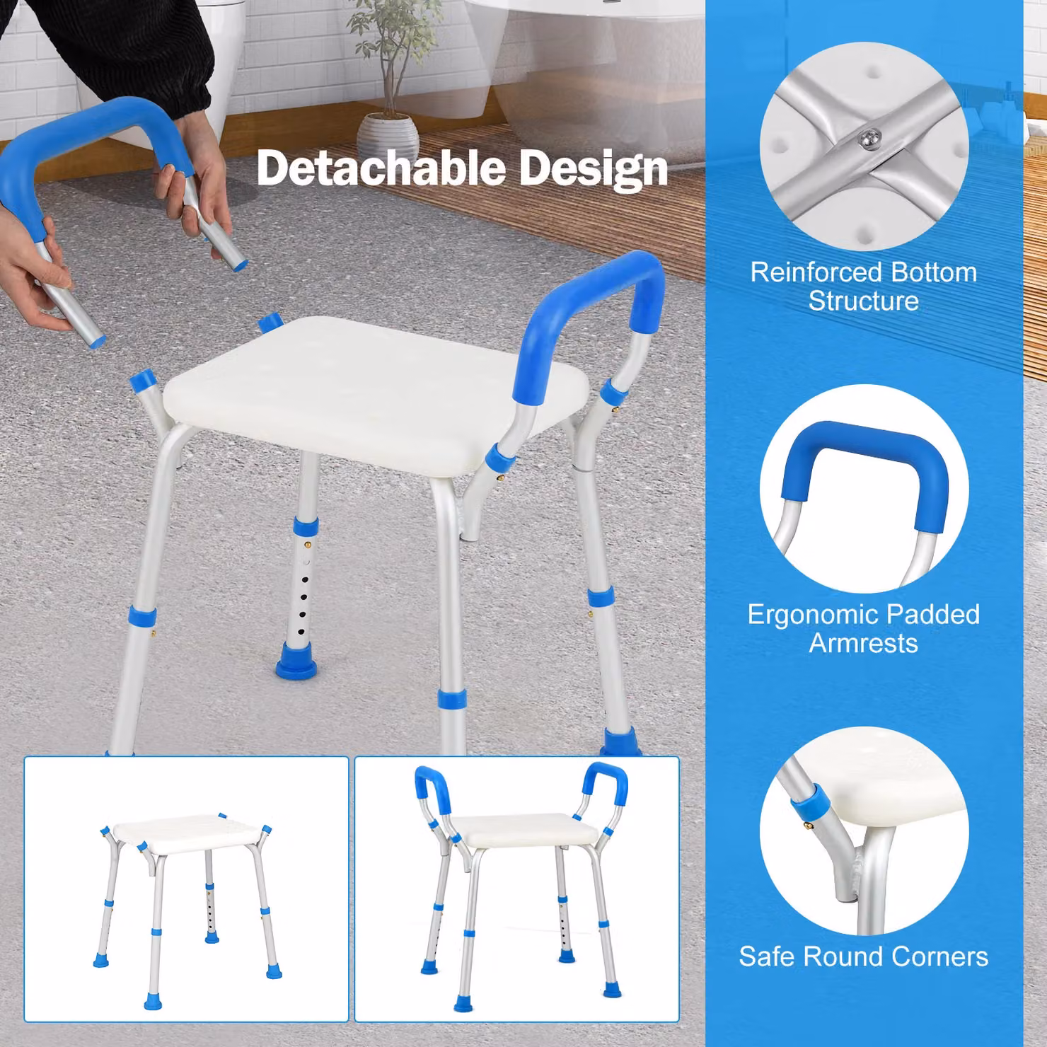 Costway Bath Chair Shower Bench with Detachable Padded Arms in Blue, W/D/H: 67 x 41 x 41 cm – 4
