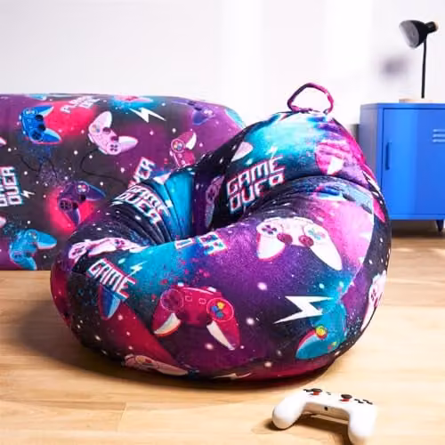 OHS Kids Purple Cord Fabric Bean Bag Chair with Abstract Gaming Print and Removable Cover – 1
