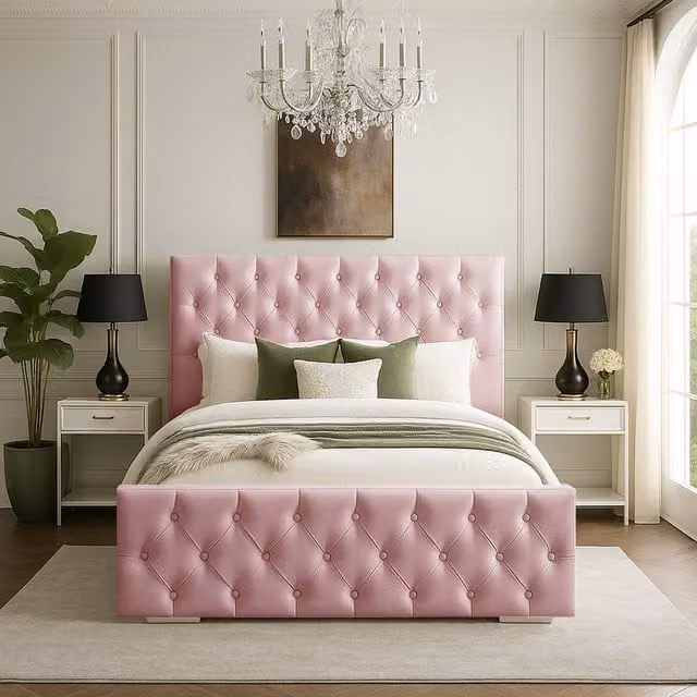 Desire Deco Chesterfield Single Bed Frame in Pink Velvet Upholstery, W/D/H: 90 x 190 cm
