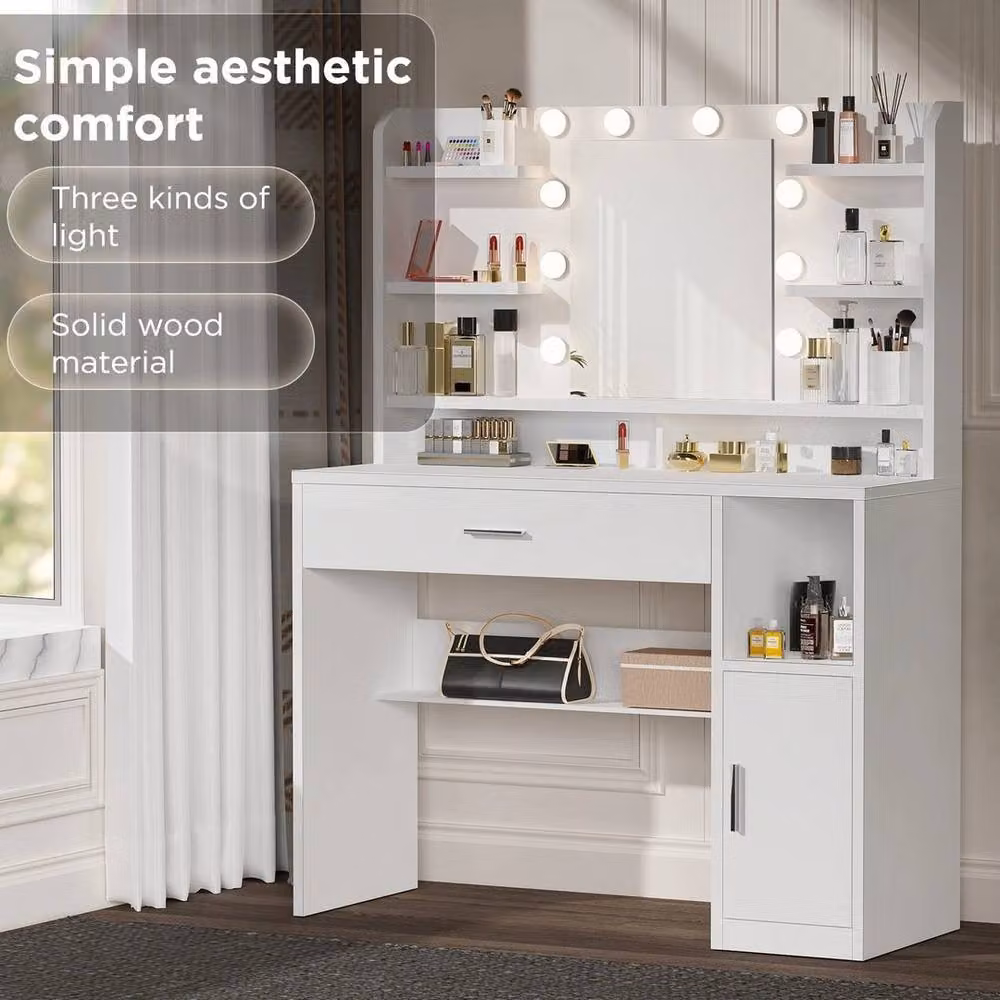 PAWNORA Modern White Dressing Table with Hollywood LED Lighting and 8 Shelves – 2