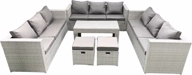 Fimous 11 Seater Rattan Garden Furniture Set with U-Shape Sofa, Oblong Coffee Table and 2 Ottomans in Light Grey – 1