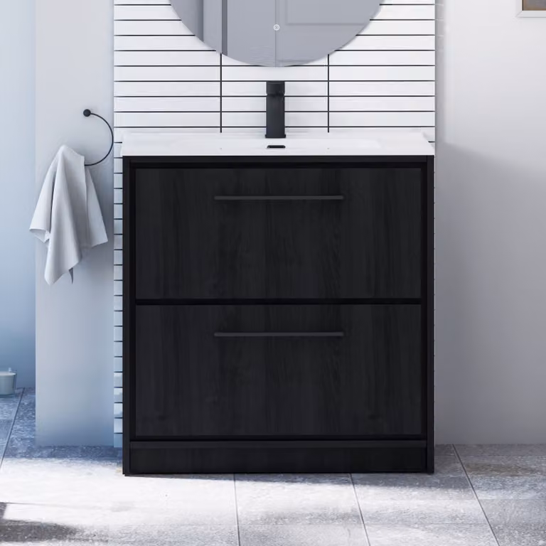 Royal Bathrooms Livora 800mm Black Woodgrain Floor Standing 2 Drawer Vanity Unit with Ceramic Basin and Matt Black Handle