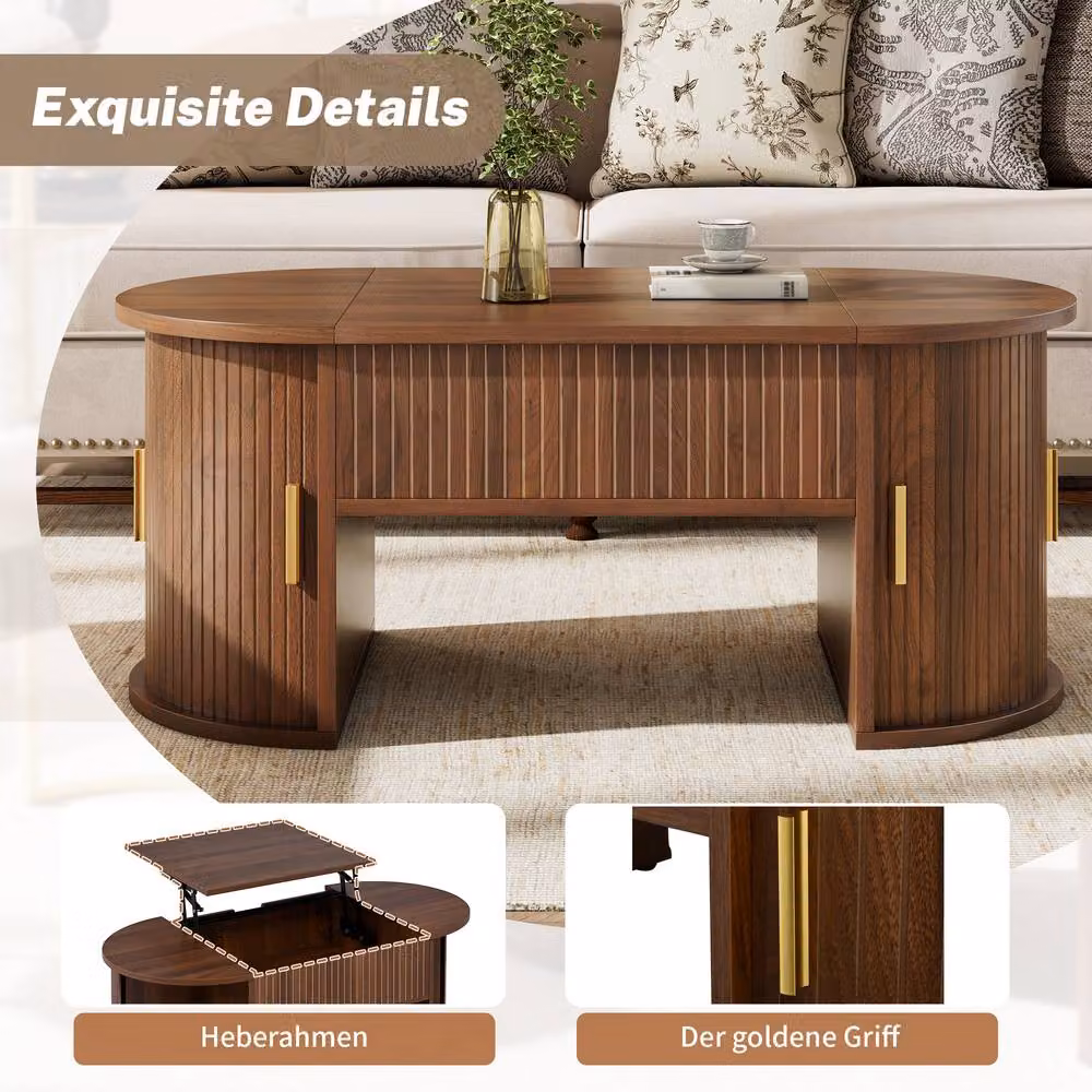 Matteo Walnut Height-Adjustable Oval Coffee Table in Brown – 3