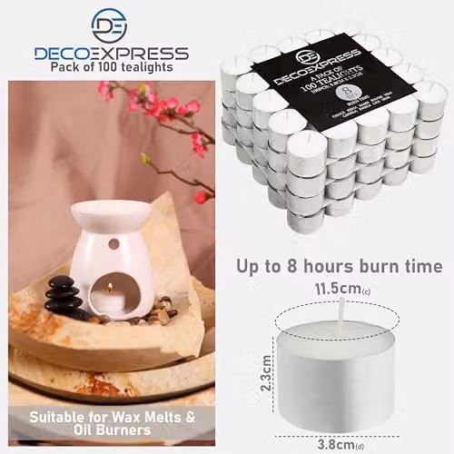 Deco Express Unscented White Tealight Candles, 8 Hour Burn Time, Pack of 100 – 5
