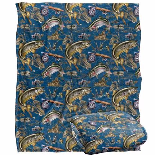 JQ Licensing Trout Tiki Fishing Pattern 2 Super Soft Silky Touch Throw Blanket, White, W/D/H: 152 x 127 cm
