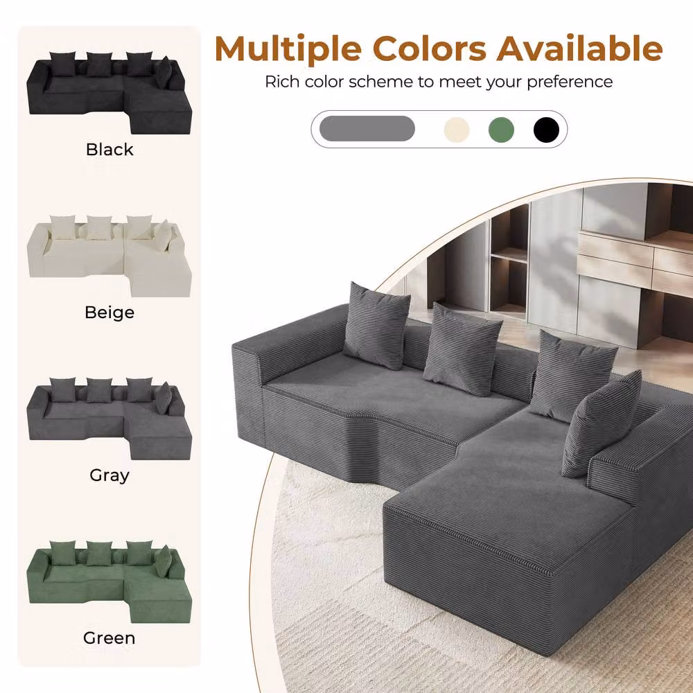 Dprodo Grey Corduroy Right L-Shaped Modular Sofa with Scatter Cushions, Width: 320 cm – 6